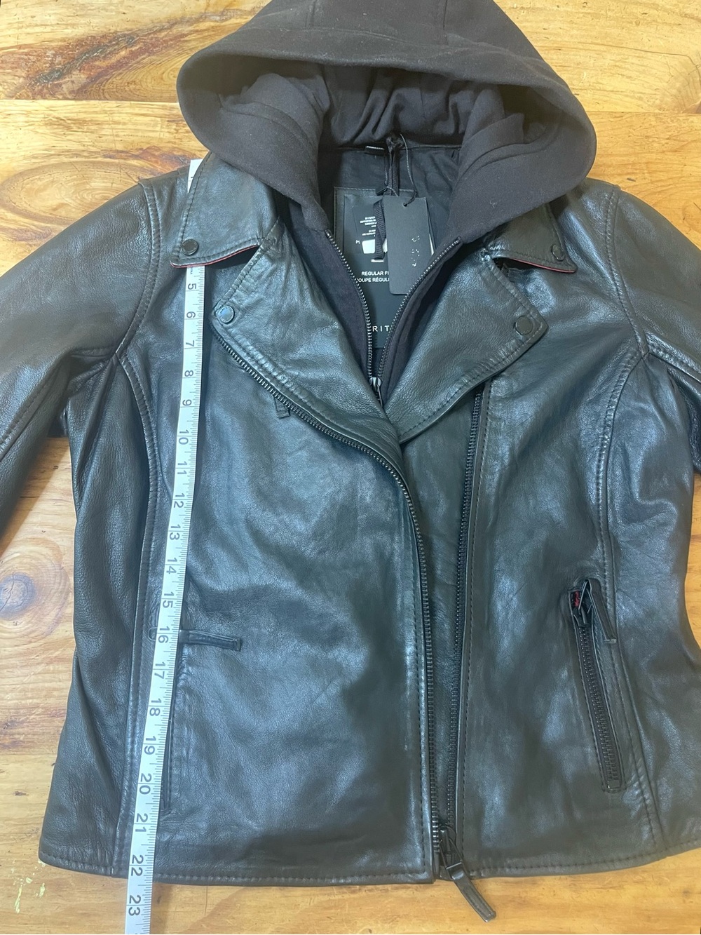 Mauritius Brand- Black Leather Zip-Front Jacket with Black Hooded Insert - Picture 3 of 9